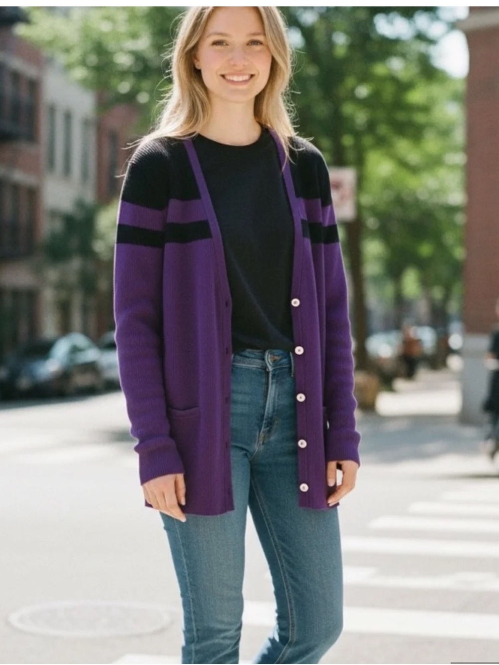 Ralph Lauren Purple and Black Button-Front Cardigan